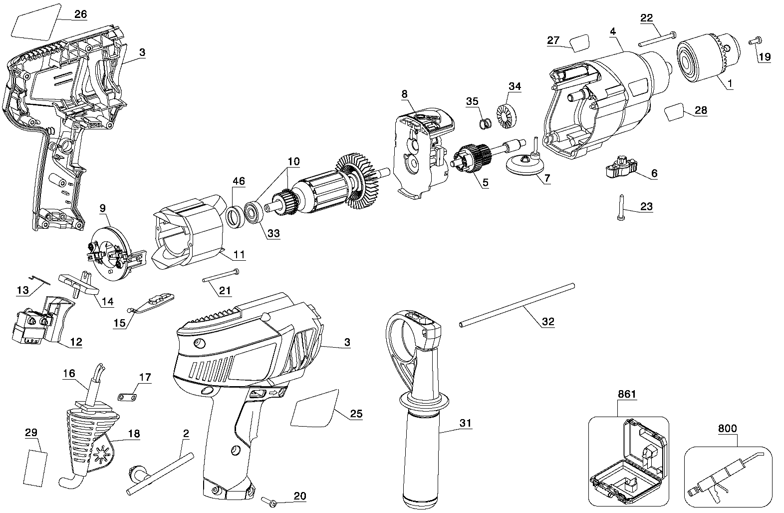 Default Diagram and Parts List for DR650K Type 1 Black and Decker Hammer Drill